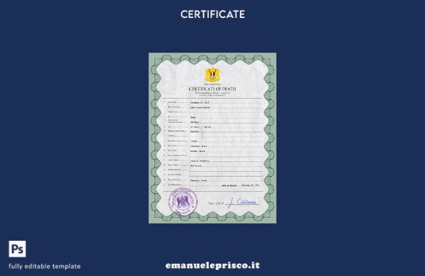 Modello PSD del certificato di morte dei documenti di stato civile in Siria in s